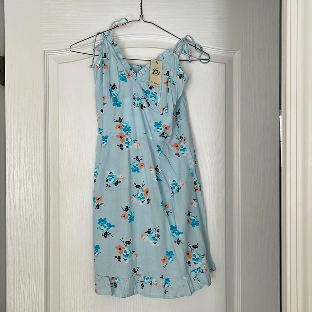 Blue floral sun mini dress with tie shoulders
